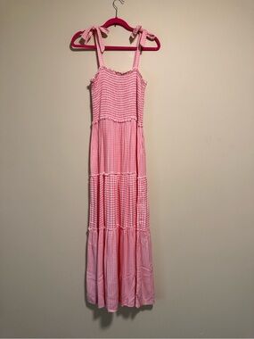 Bebop Pink & White Gingham Tie-Shoulder Detail Maxi Dress Sz L